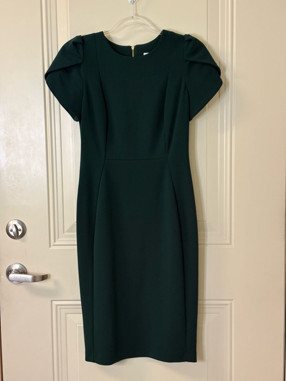 Calvin Klein Dark Green Midi Sheath Dress w/ Tulip Sleeve SZ 4 EUC $159